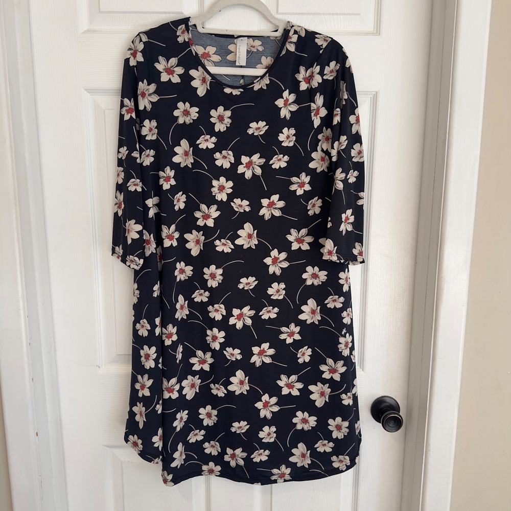 Heathmoor Navy Blue Floral 3/4 Sleeve Shift Dress with Pockets Womens Large